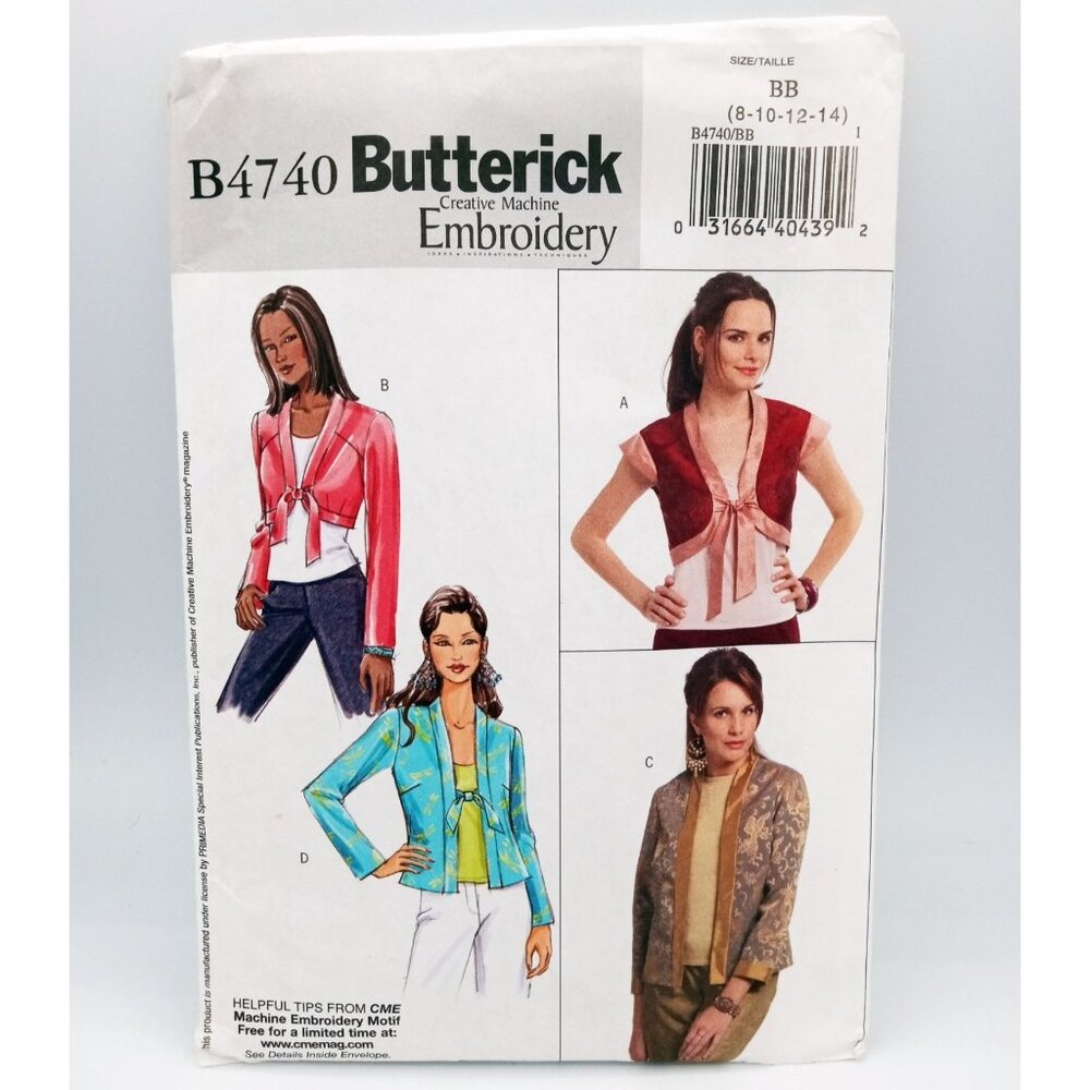 Butterick Pattern B4740 Misses Jacket Creative Machine Embroidery Sz 8-14 Uncut